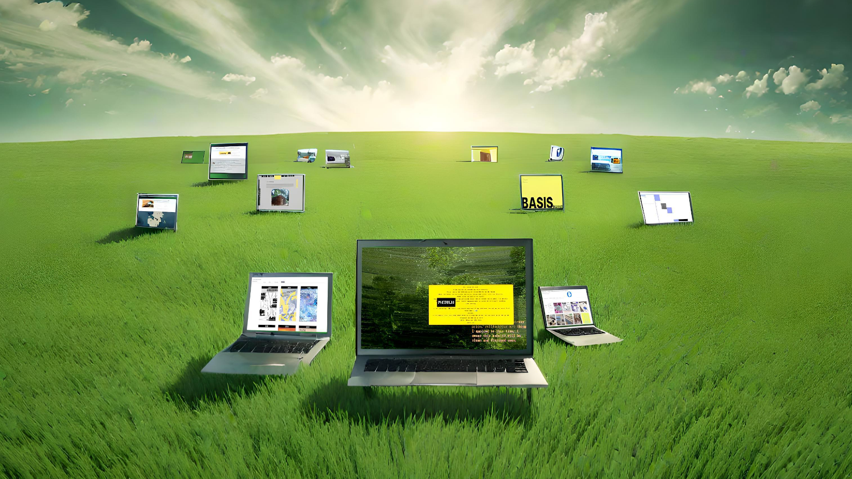 a wide green and open field in which screens depicting websites roam freely, how wonderful